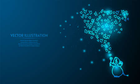 Glowing Witch Mouse Love on blue abstract background. valentine backgroundのイラスト素材