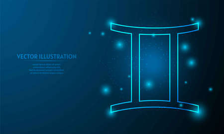 Glowing gemini icon on blue abstract background. low poly zodiac icon backgraound.のイラスト素材