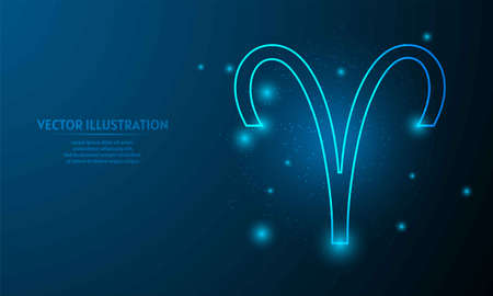 Glowing aries icon on blue abstract background. low poly zodiac icon backgraound.のイラスト素材