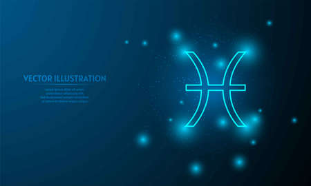 Glowing pisces icon on blue abstract background. low poly zodiac icon backgraound.のイラスト素材