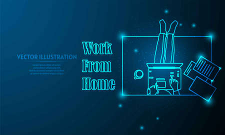 Glowing illustration of work at home on blue abstract background.のイラスト素材