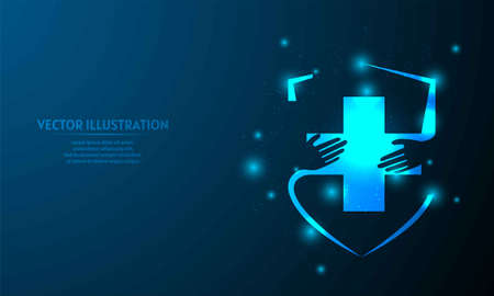 Glowing save health on blue abstract background. Hug health on blue abstract background.のイラスト素材
