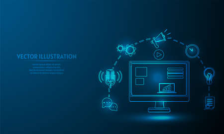 Glowing business on blue abstract background. Webinar Digital Business Vector Illustrationのイラスト素材