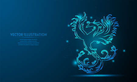 glowing phoenix on a dark blue background of the space with shining stars.のイラスト素材