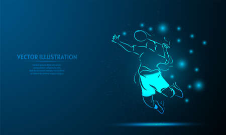 glowing player badminton on a dark blue background of the space with shining stars.のイラスト素材