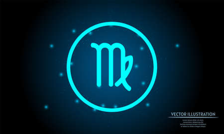 glowing virgo zodiac sign on dark blue background of the space with shining stars. zodiac glowing backgraound. Neon zodiac signのイラスト素材