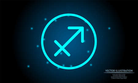 glowing sagittarius zodiac sign on dark blue background of the space with shining stars. zodiac glowing backgraound. Neon zodiac signのイラスト素材