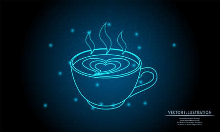 glowing coffee on dark blue background of the space with shining stars. glowing backgraound. Neon coffee signのイラスト素材