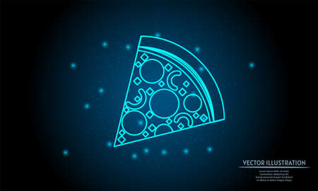 glowing pizza on dark blue background of the space with shining stars. glowing backgraound. Neon pizza signのイラスト素材