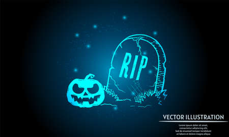 glowing gravestone and pumpkin on dark blue background of the space with shining stars. halloween backgroundのイラスト素材