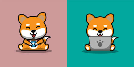Cute shiba with coffee,Cute dog is playing on the laptop Premium Vectorのイラスト素材
