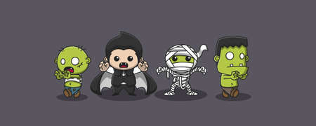 cute 4 illustration ghosts, 2 zombies, dracula and mummyのイラスト素材