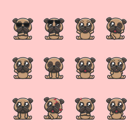 12 pug dog expressions, pug dog emoticon bundleのイラスト素材