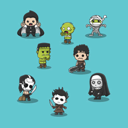 eight cute ghost characters illustration. valak, dracula, zombie, franskinstenのイラスト素材