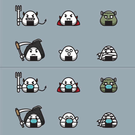 spooky onigiri characters, horror version onigiri, halloween onigiri, illustration of horror onigiri wearing a mask and not wearing a mas.のイラスト素材