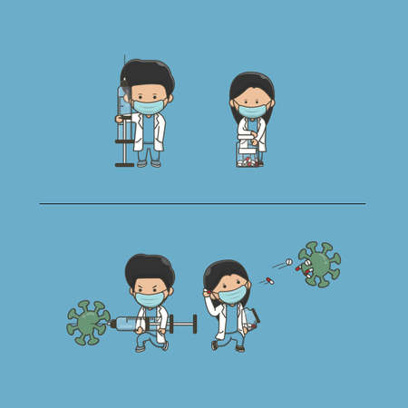 two cute doctors fighting virus illustration, vaccine vector illustrationのイラスト素材
