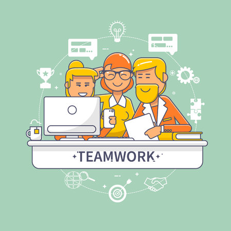 Flat design corporate business team people standing and sitting behind desk. Business teamwork meeting and brainstorm concepのイラスト素材