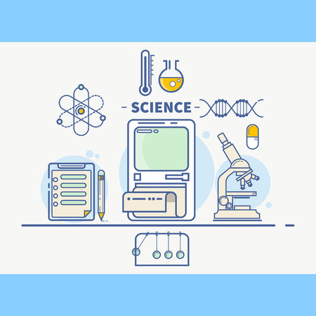 Science, colorful concept header, flat design thin line style, vector illustrationのイラスト素材