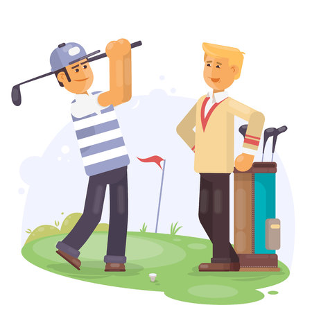 Golfing friends holding clubs at golf course Flat vector illustartionのイラスト素材