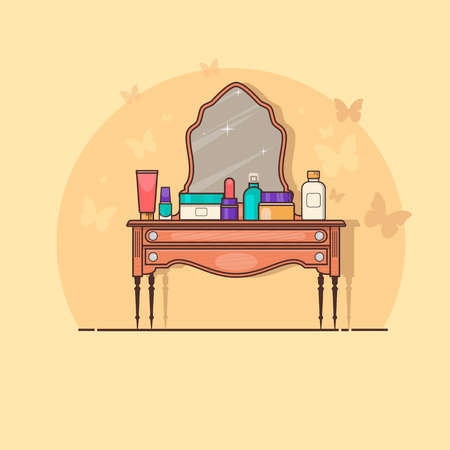 Cosmetics on old wood vanity table in room interior Vector illustrationのイラスト素材