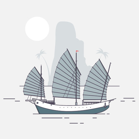 Junk boat sailing arriving to tropical island Flat vector illustrationのイラスト素材