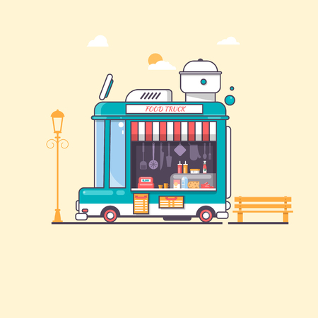 Street And Fast FoodTruck Flat Vector Illustrationのイラスト素材