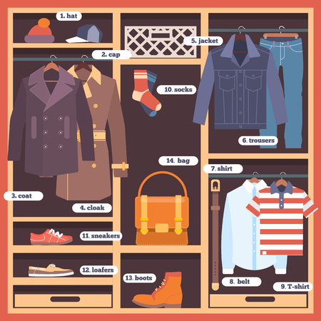 Wardrobe room full of man's cloths. Flat style vector illustrationのイラスト素材