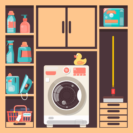 Laundry room with washing machine  basket and household chemicals flat style vector illustrationのイラスト素材
