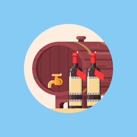 Wine barrel with bottle of wine isolated in circle. Vector illustration