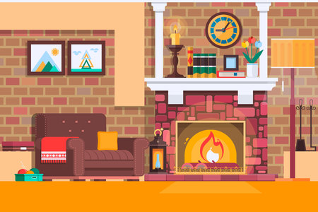 Room interior fireplace design with chair books, table, clock in evening tea time, fireplace. Flat style vector illustrationのイラスト素材