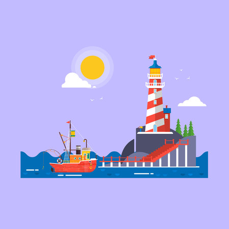Cool flat design fishing boat seaway transportation.Lighthouse on rock stones island cartoon vector background. Vector illustrationのイラスト素材