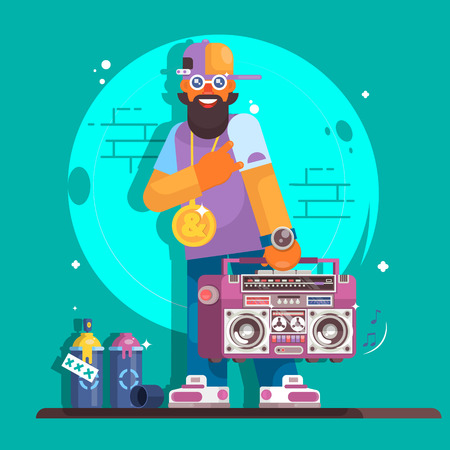 Rapper musician in a baseball cap. Fashionable hip hop man dude. Flat vector character illustrationのイラスト素材