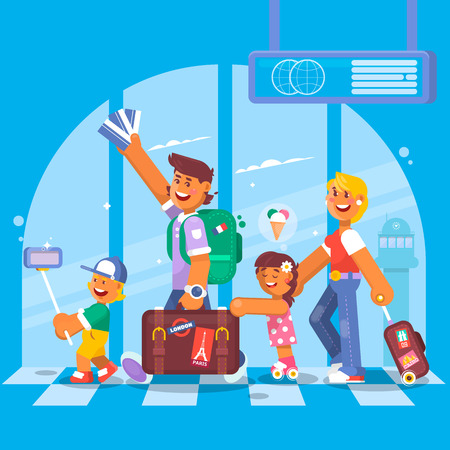Young family. Father mother, son and daughter at the airport. Vector illustrationのイラスト素材