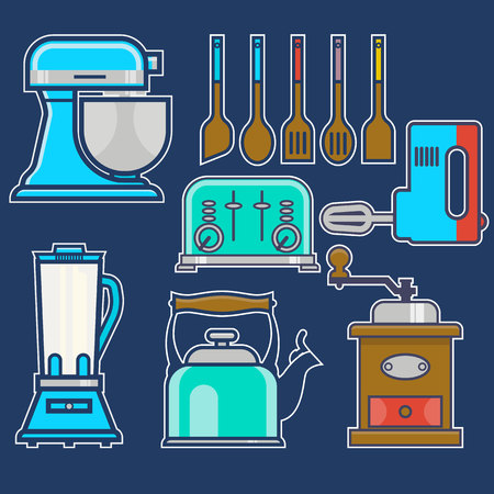 Kitchen and cooking vintage elements.Vector set of kitchenware kitchen unit, kettle, coffee mill, mixer, liquidizer, toaster. Line art.のイラスト素材