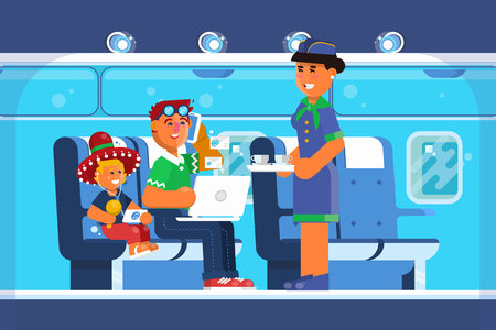 Family Happy on Airplane, Vacations, Holiday, Travel Destination, Journey Trips, Transportation. Vector illustrationのイラスト素材