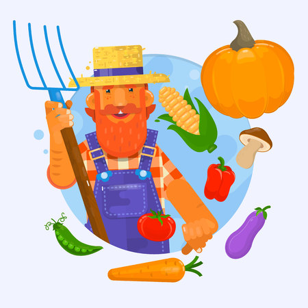 Illustration of a farmer holding a garden fork wearing hat with vegetables. Vector illustrationのイラスト素材