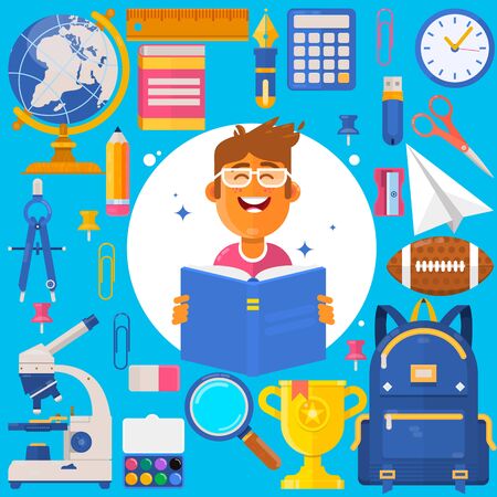Back to school. Bag pupil or student. Training accessories pencils, pens, notebooks, ruler, stationery textbooks Vector flat illustrationのイラスト素材
