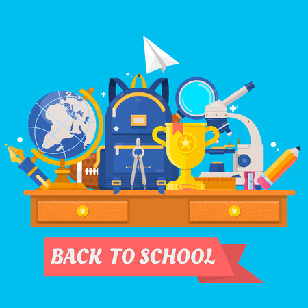 Back to school. Education in the school concept background. Knapsack, ball, globe,microscope,loupe, sharpener. Vector illustration. School supplie and items.のイラスト素材