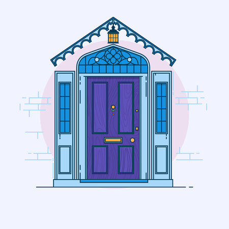 Blue front door on the brick wall with lantern. Vector building elementのイラスト素材