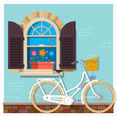 White bicycle near the building facade with a window.Street building facade of the house with bicycle. Front shop for design banner or brochure. Vector illustrationのイラスト素材