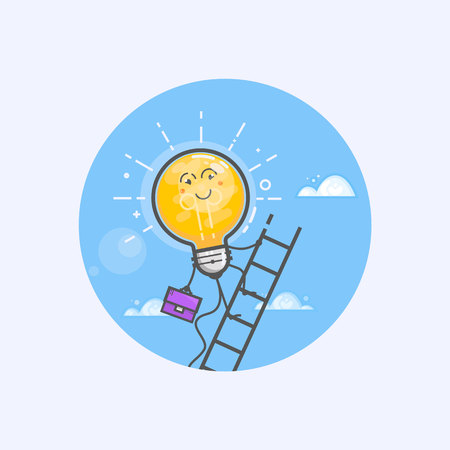 Creative Drawing Business Concepts with glowing light bulb idea. Light bulb climbing a ladder. Line art.のイラスト素材