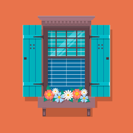 Elements of architecture , window background. Window with flower pots on a wall. Cartoon house element. Cute summer vector illustrationのイラスト素材