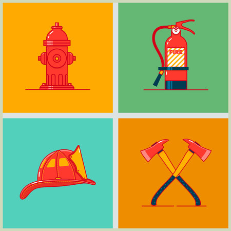 Firefighting equipment and firefighters profession set icons. Flame protection thin linear pictogram. Vector illustrationのイラスト素材