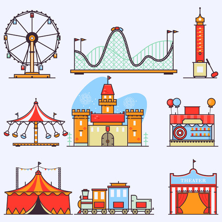Amusement ride or luna park roller coasters entertainment vector set.Linear style illustrations isolated on white.のイラスト素材