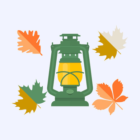 Color autumn leaves. and Vintage camping lantern isolated on white background.Vector illustrationのイラスト素材