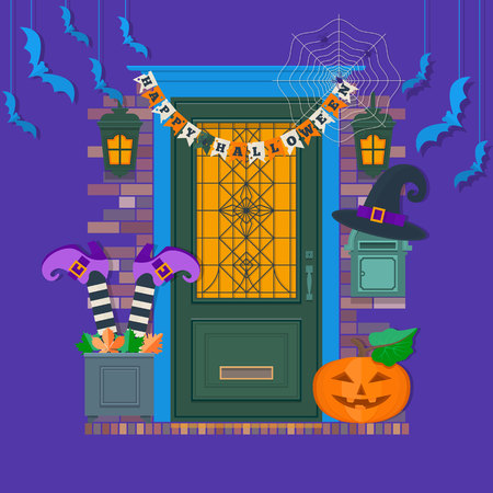 Happy Halloween card, background, poster. View of the entrance to the house decorated for Halloween.Vector illustration.のイラスト素材