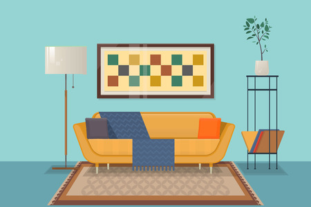 Living room interior design with furniture ouch, pillows, chest of shelves, books, decorations. Isolated vector objects.Flat vector illustrationのイラスト素材