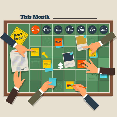 Calendar schedule board with collaboration plan.Scrum methodology task board full of tasks on sticky note cards.Company business team working together planning and scheduling  Vector illustrationのイラスト素材