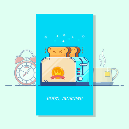 Good morning card.Toaster colorful line icon, kitchen and appliance. Isolated vector objects.のイラスト素材
