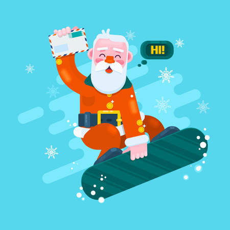Modern Santa Claus rides on a snowboard.Flat vector illustrationのイラスト素材